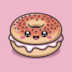 Illustration of a cute donut with pink icing and sprinkles on a pink background with a happy face