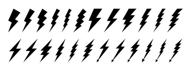 Set of thunderbolt icons. Collection of lightning signs isolated on white background. Flashlight, energy, warning or shock symbols. Electric power pictograms. Vector graphic illustration.