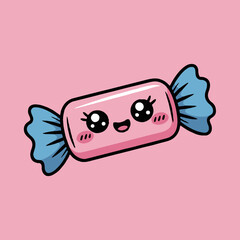 A cartoon illustration of a pink candy with a cute face on a pink background in a kawaii style