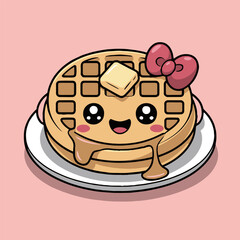 Cartoon waffle with butter and bow on a plate with syrup dripping down on a pink background