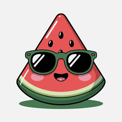 A cartoon watermelon slice wearing sunglasses with a happy expression on a white background illustration