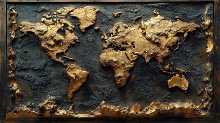 Fototapeta premium Detailed world map relief, gold and dark tones.