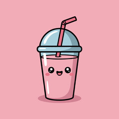Cartoon illustration of a pink smoothie with a cute face and a straw on a pink background
