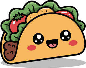 A cartoon taco with a happy face filled with lettuce tomato cheese and meat on a white background