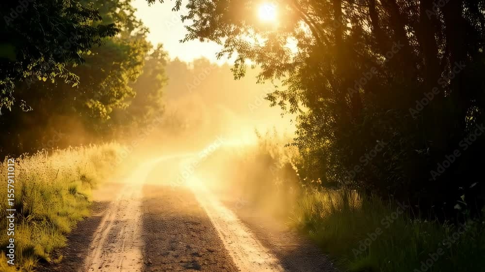 Aufkleber sunlight streaming through trees and fog on dirt road in countryside creating a peaceful and hazy su