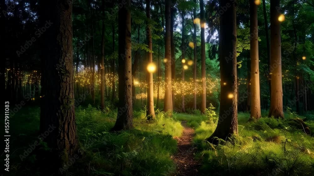 Poster enchanted forest scene with illuminated fireflies amidst tall trees and lush green undergrowth creat