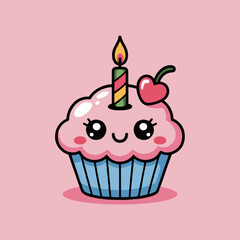 Cute cartoon cupcake with pink frosting cherry and candle on a light pink background illustration