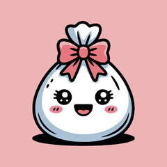 Cute cartoon dumpling with a pink bow and a happy face on a pink background illustration style
