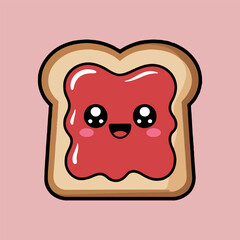Cartoon toast with jam and a cute face on a pink background in a simple illustration style