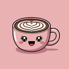 A cute pink coffee cup with a heart design in the latte art on a light pink solid color background