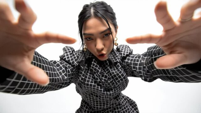 Young asian model reaching towards camera in slow motion montage