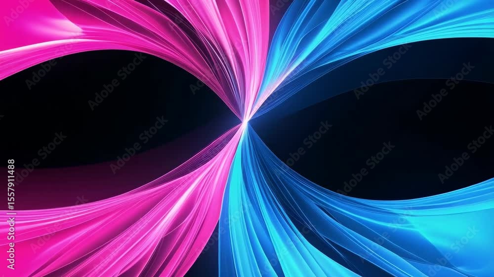 Poster abstract pink and blue symmetrical swirls converging in the middle against a dark backdrop creating 