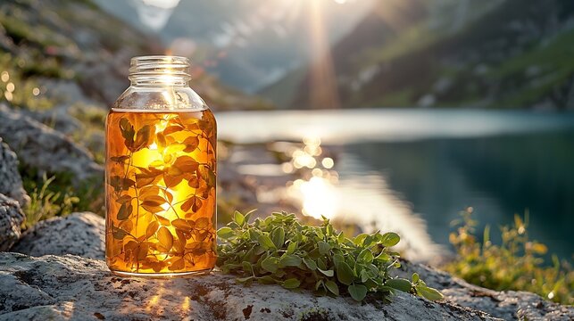Crystal clear gnpi infusion glass bottle alpine light creating prism effects fresh herbs on granite rock 50mm lens Haute Savoie mountain lake backdrop