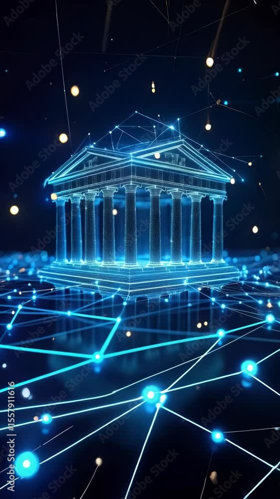 Poster digital architecture: glowing geometric building connected by network lines on blue