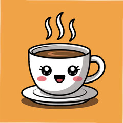 Cartoon illustration of a smiling coffee cup with steam on a saucer against an orange background