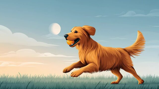 Golden retriever dog running joyfully in a grassy field under a bright sky, with a sun setting in the background, capturing the essence of playful outdoor moments