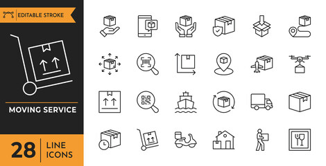 Moving service outline icon set. Containing Shipping, Home Shifting, Courier, Fast Delivery, Loading and More. Editable stroke. Vector illustration