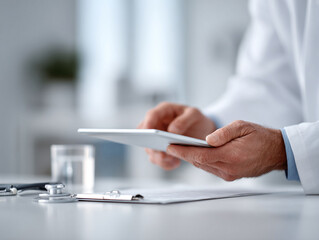 Doctor using tablet in clinic. Professional using technology for healthcare, data analysis, or telehealth. Modern medicine concept for medical websites.