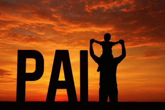 Father&rsquo;s Day silhouette of father carrying child on shoulders at sunset with giant PAI letters, warm family celebration, dia dos pais
