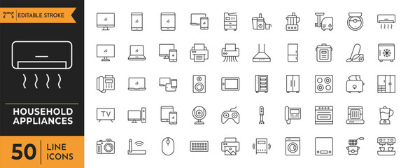 Household appliances outline icon set. Containing Computer monitor, web camera, keyboard, air conditioner, intercom, fridge, dishwasher, and more. Editable stroke. Vector illustration