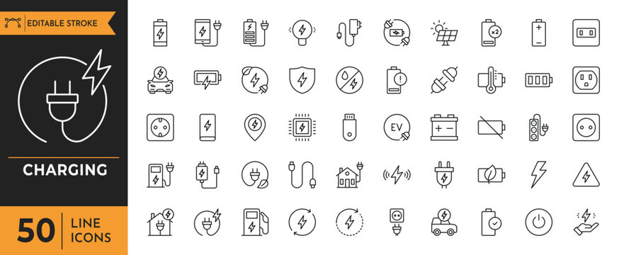 Charging outline icon set. Containing charge, battery, energy, electricity, charger, recharge, electric car, charging station, and more. Editable stroke. Vector illustration