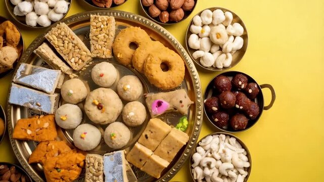 Traditional sweets displayed on a golden platter and in bowls on a yellow background for a cultural food celebration