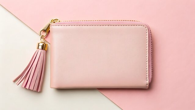 Pink leather wallet with gold zipper and tassel