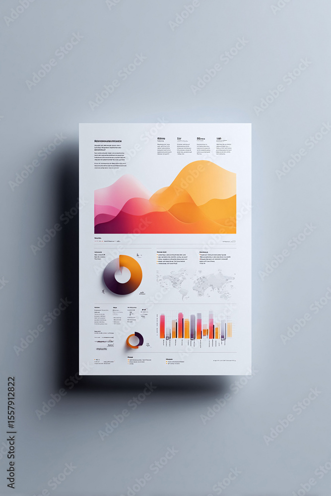 Poster clean, modern infographic. data visualization featuring charts, graphs, and statistics in a visually