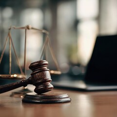 Wooden gavel rests on sound block, scales of justice and laptop blurred in background on wood desk