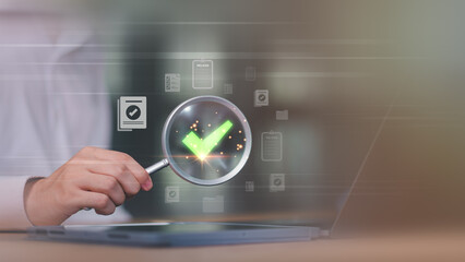 Accountant showing office document auditing concept ,plan review process and assess correctness ,Management of important document storage of organization ,document system ,accountant Audit documents.