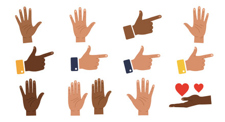 Diverse Hands Illustrations Pointing, Open, and Heart Gestures