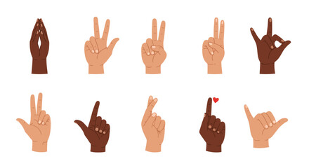 Fototapeta premium Diverse Hand Gestures Illustration Set Cartoon Hands Showing Various Signs and Symbols