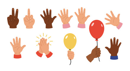 Fototapeta premium Diverse Hands Collection Illustrations of Gestures, Balloons & Counting