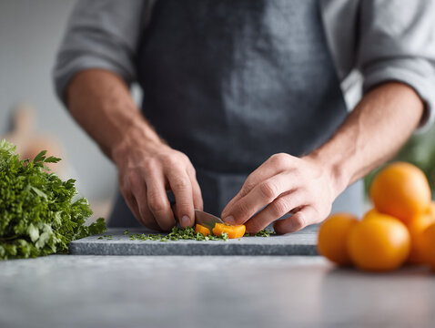 Closeup of a person in an apron dicing fresh herbs and fruits on a board. Illustrates culinary arts, cooking, food preparation and healthy eating lifestyle.