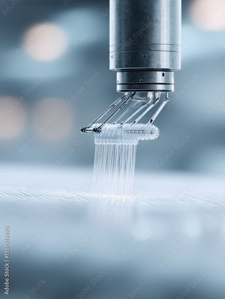 Poster precision manufacturing. a robotic arm delicately creating intricate patterns. conveys innovation, t
