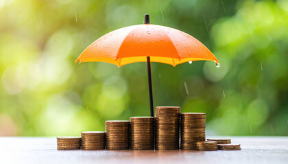 Orange umbrella protects stack of coins from falling rain, symbolizing financial security and resilience. vibrant colors and blurred background create serene atmosphere