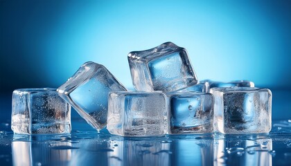 super slow motion of transparent ice cubes rotating on blue background refreshing drinks summer theme