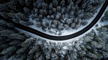 Winter highway through a dense snowy forest