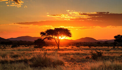 Stunning sunset casts warm glow over savannah, with solitary tree silhouetted against vibrant sky. landscape features rolling hills and golden grasses, creating serene atmosphere