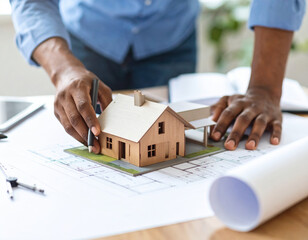 Creating detailed model house, architect hands skillfully design high fidelity structure on blueprints, showcasing creativity and precision in architectural planning