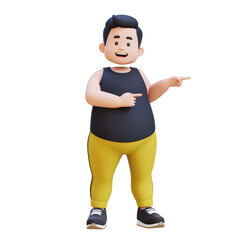 3D plus size overweight obesse man pointing to side