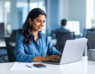 Focused Asian woman is working on laptop in modern office environment, showcasing productivity and professionalism. She appears engaged and content while typing