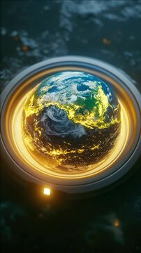 Digital rendering of Earth inside a circular satellite ring in space,  themes of space exploration and human achievement.
