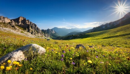 mountain meadow landscape a breathtaking mountain landscape unfolds featuring a vibrant meadow brimming with wildflowers weathered boulders and majestic mountain ranges against a bright sky