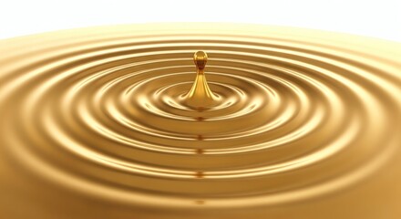 Luxurious golden liquid drop creating perfect concentric ripples and a precise splash on a shimmering surface, an elegant abstract representation of fluidity, purity, and valuable impact.