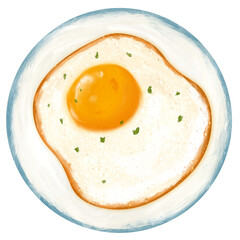 Breakfast Fried Egg Watercolor Painting. Sunny Side Up Egg Illustration.  Hand Painted Fried Egg Served on Plate
