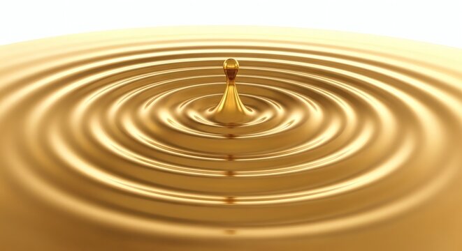 Luxurious golden liquid drop creating perfect concentric ripples and a precise splash on a shimmering surface, an elegant abstract representation of fluidity, purity, and valuable impact.