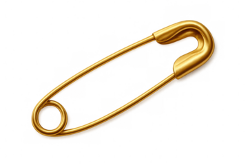 Golden safety pin closed, resting against clear backdrop, serving fashion, tailoring, security design needs