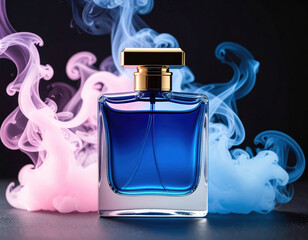 Stunning blue perfume bottle surrounded by swirling pink and blue smoke creates captivating visual on dark background, evoking sense of elegance and allure