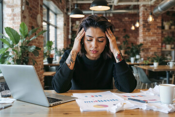 Stressed businesswoman holding her head with closed eyes sitting at desk with charts and laptop in modern office